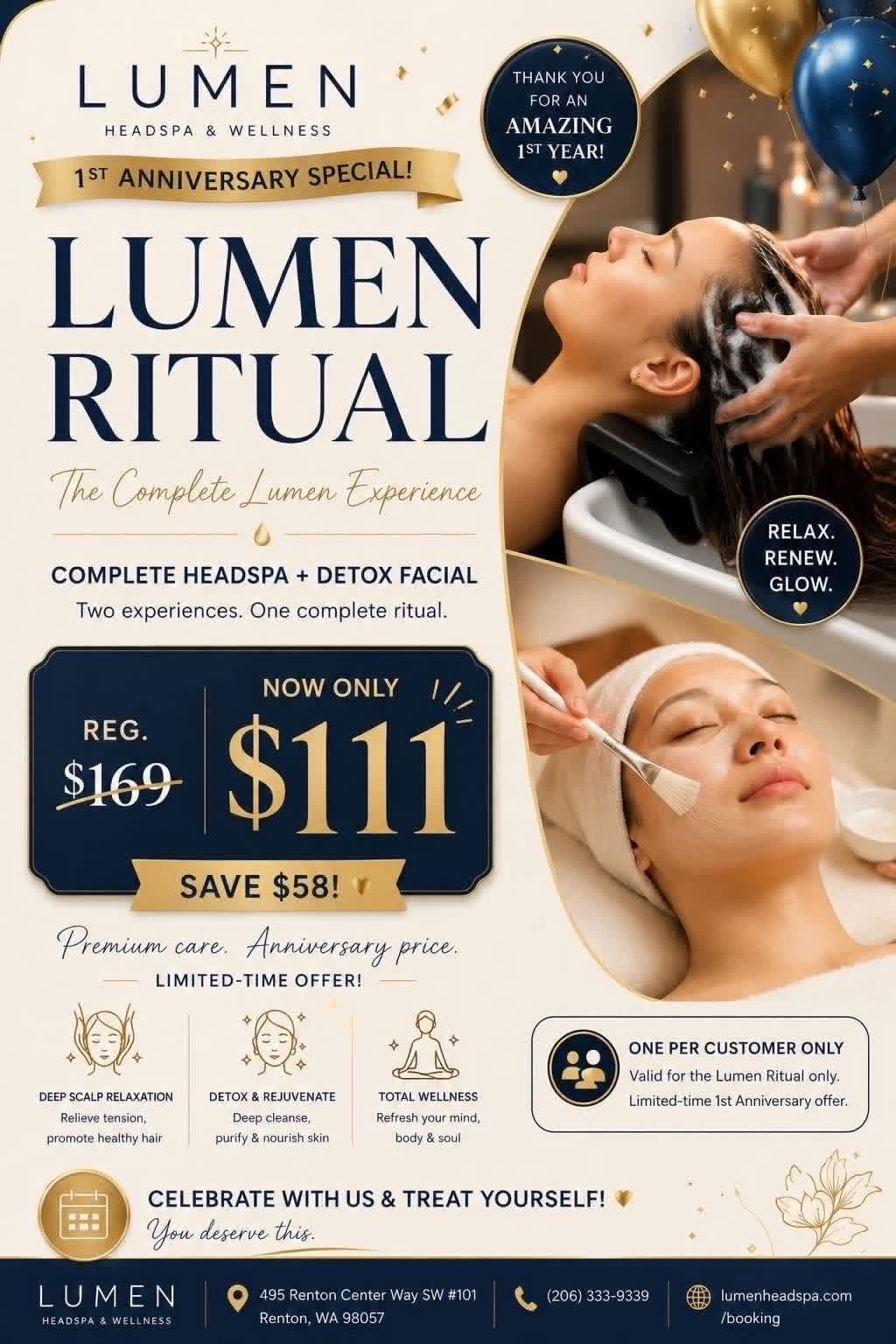 Lumen Headspa Anniversary Celebration Special Offer on Saturday, August 8th, 2026. Join us for a day of special offers, gifts, and surprises including Gift Certificate Specials and check-in to receive a Free Quick Wash.